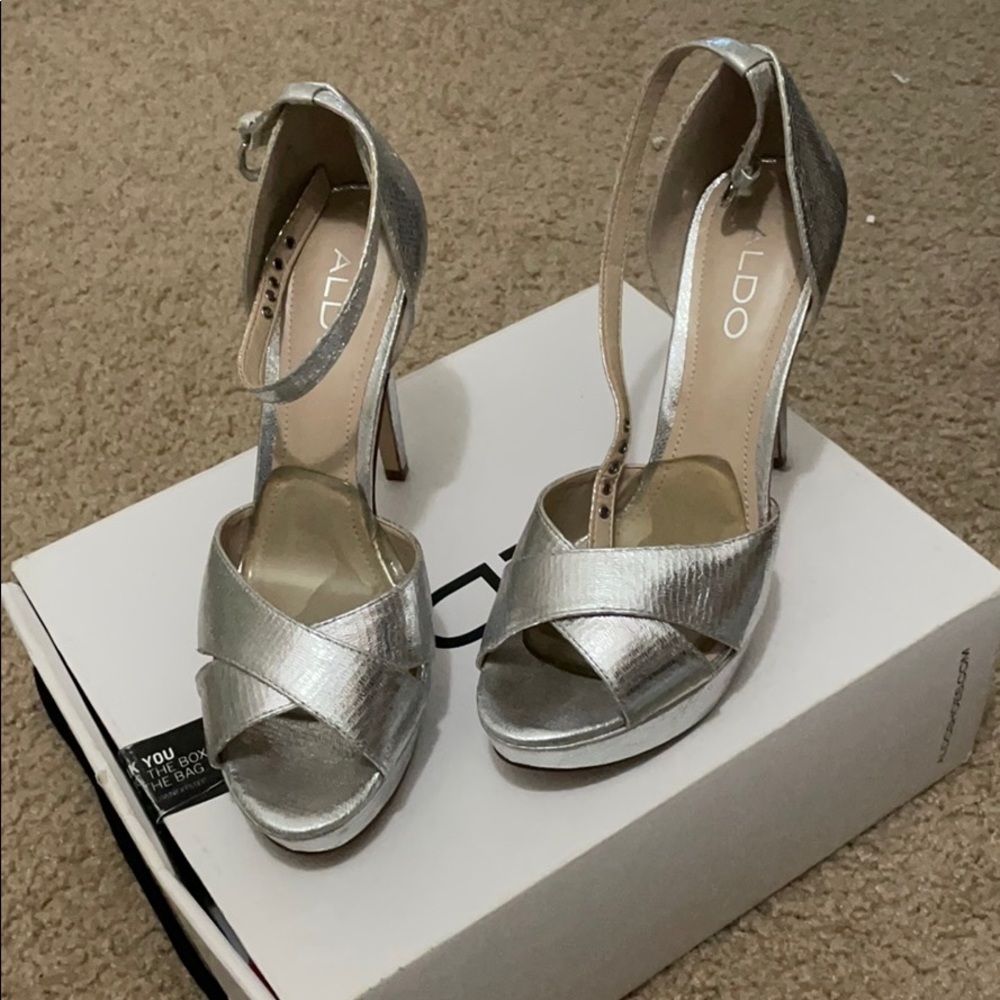 Silver ankle strap heels